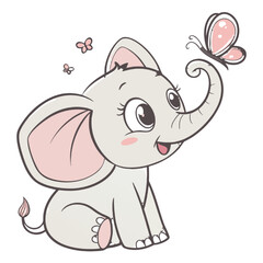 little cute elephant playing with butterfly 