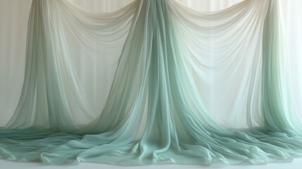 Soft pastel drapes cascade gracefully, creating a tranquil atmosphere in the room