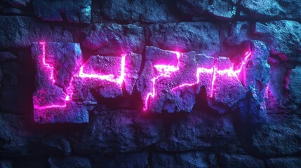 Bright neon markings glow against textured stone, creating a striking urban art display