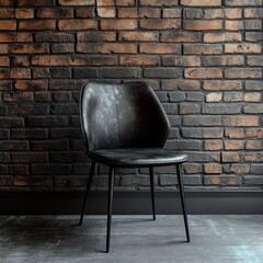 A sleek black chair stands out against a textured brick wall, showcasing modern style