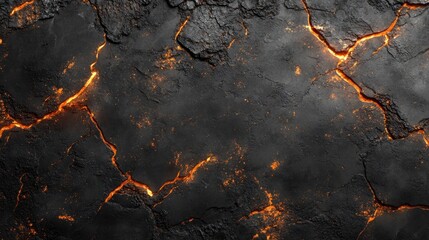 Glistening lava illuminates cracks on black volcanic rock under a twilight sky