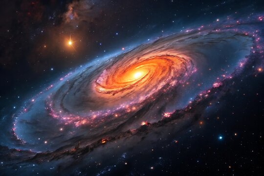 Spiral galaxy in deep space with glowing orange core high resolution photo
