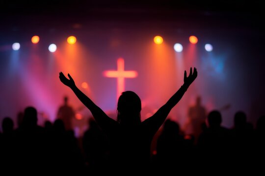Woman's silhouette with raised hands at a Christian concert, with a cross on the stage and a crowd in the background. - Powered by Adobe