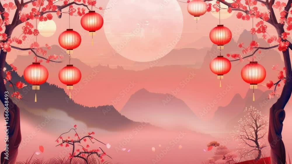 Poster A tree with red lanterns hanging from its branches, perfect for decorative or festive uses