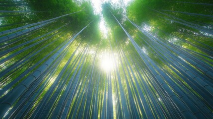 Sunlight filters down through towering bamboo, casting a tranquil glow in a serene forest