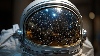 Close-up astronaut helmet, reflective visor