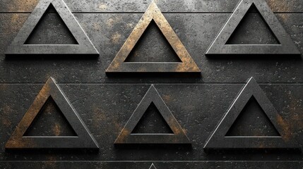 Textured dark wall showcases an artful display of metallic triangles in unique formations
