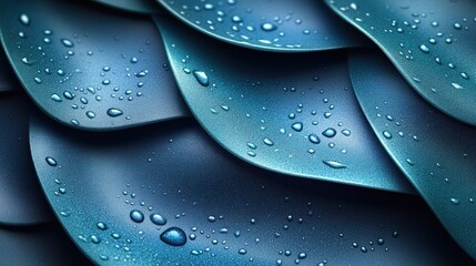 Water droplets shimmer on overlapping blue layers, enhancing their beauty