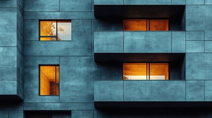 Sleek modern balconies glow with warm light against cool blue concrete on a city evening