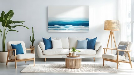 A large painting of the ocean on the wall in the living room