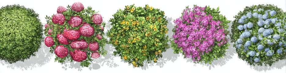 Fototapeta premium Ornamental Garden Plants Top View Illustration of Decorative Shrubs with Colorful Blooms for Landscaping and Design