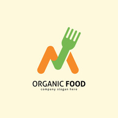 M Letter Food Logo. Abstract Fork Monogram Symbol for Restaurant and Organic Meal Brand.