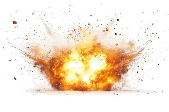 Explosion bursting with fire and debris isolated on transparent background