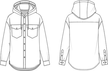 Men’s hooded shirt front and back technical sketch, drawstring hood, button-up design, flap chest pockets, cuffed sleeves, curved hem garment illustration