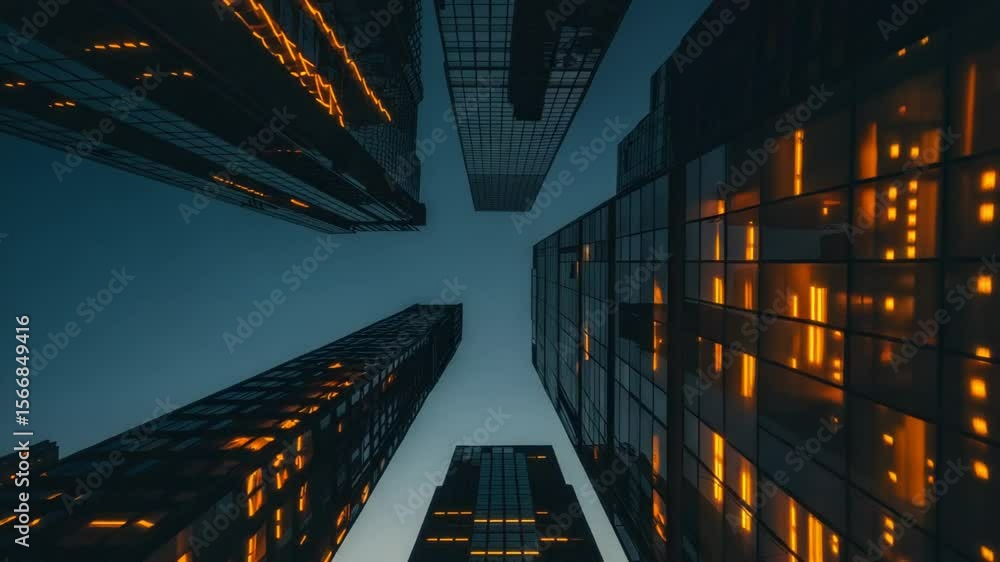 Poster Tall buildings in a city with a cloudy sky in the background, suitable for urban or business related projects