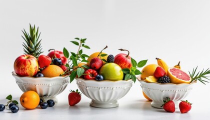 Assorted fresh fruits in elegant white bowls including s strawberries grapes oranges and pines decorated with greenery on a white background