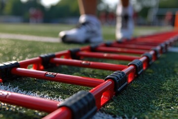 Training drill featuring agility ladder on synthetic turf field during afternoon practice session