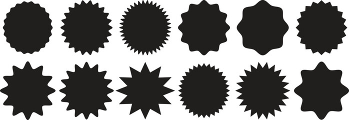 Starburst sale price stickers and labels, star and rosette, sunburst, callout and splash, stamp and tag badges. Isolated vector circle and oval red stickers, promo labels and tags with scalloped edge.