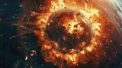 A massive rock explosion in space, with rocks and debris flying everywhere - Powered by Adobe