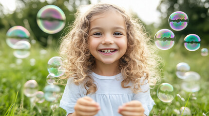 kids playing joyfully in a garden with soap bubbles