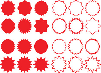 Blank badge sticker label and red starburst set , Starburst sale price stickers and labels, star and rosette, sunburst, callout and splash, stamp and tag badges. Isolated vector circle.
