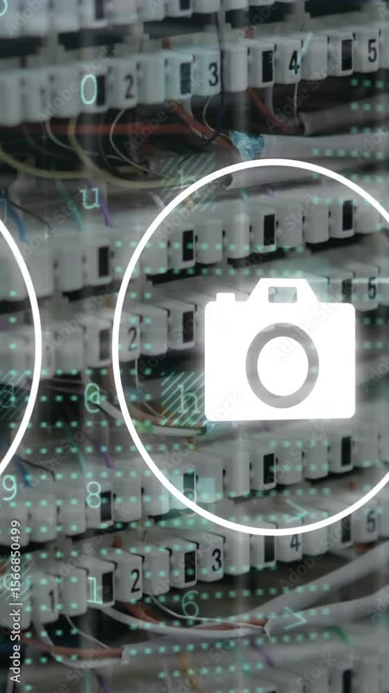 Poster animation of media icons and data processing over server room