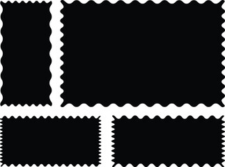 Simple rectangular patterns with squiggly borders. Wave curve edge flat frames. Trendy black tags, empty text boxes, labels, stamps, crackers, coupons with curvy, squiggly, wiggly, wavy edges - EPS 10