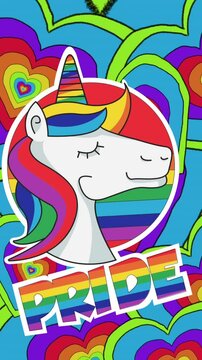 Animation of pride text, unicorn and rainbow hearts