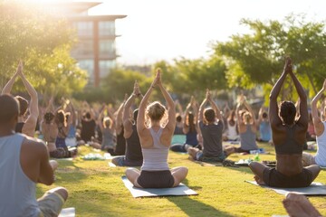 Outdoor yoga class in a park setting.
