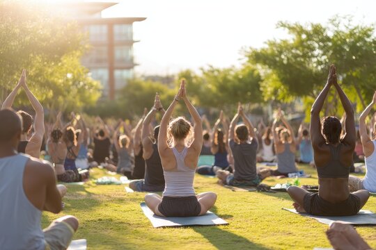 Outdoor yoga class in a park setting.
