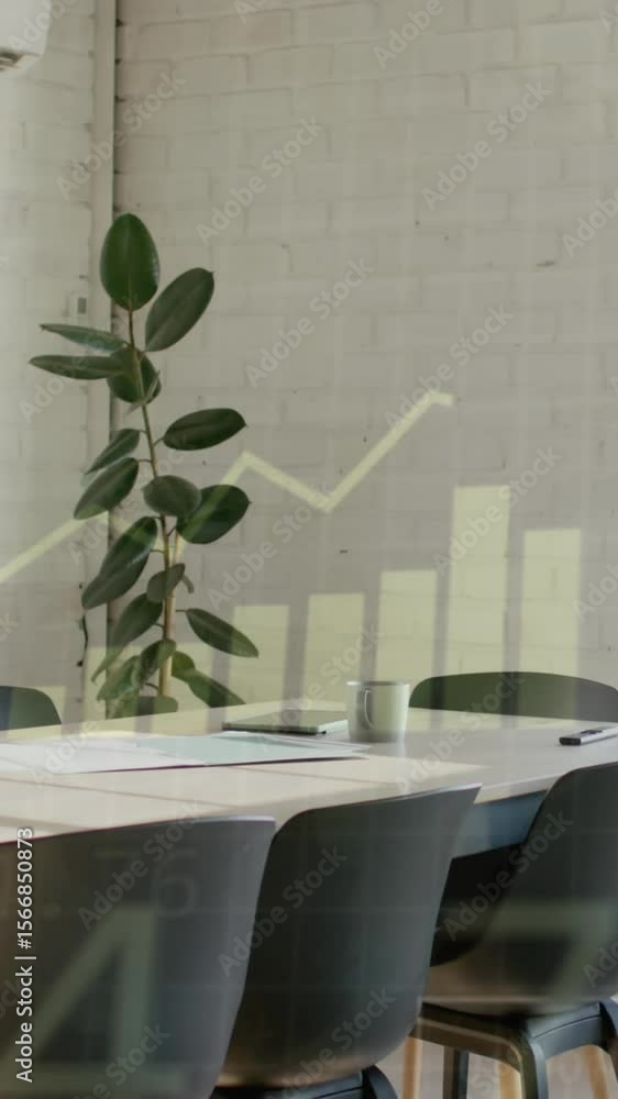 Poster animation of financial data processing over empty office