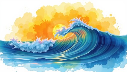 Vibrant Wave with Sunrise in Bright Watercolor Style