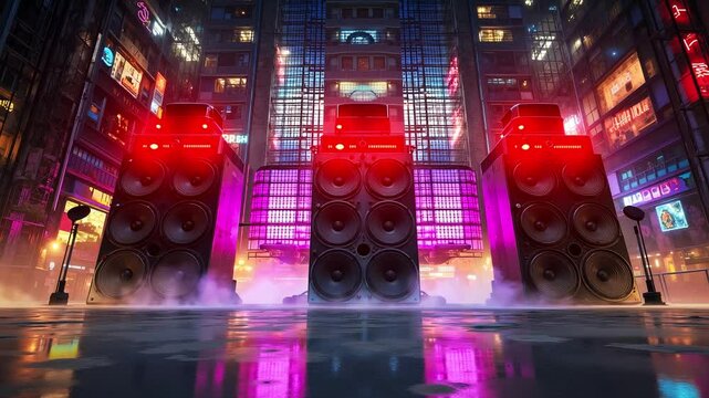 A group of speakers sitting on top of a city street at night
