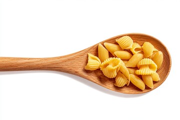 Wooden Spoon Filled with Variety of Pasta Shapes on White Background for Culinary Art or Cooking Content