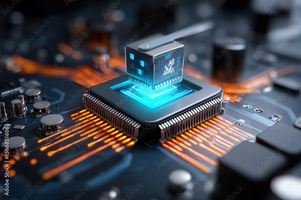Poster advanced microchip technology with glowing circuit board details in a close-up view during a futuris