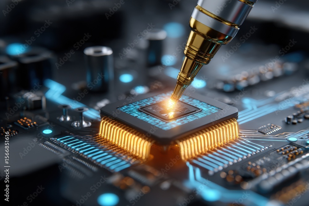 Poster close-up of a skilled technician applying solder to a microchip circuit on a motherboard in a worksh
