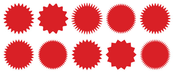 Red starburst sticker set. Special offer price tag. Price sticker, sale sticker, starburst, quality mark, retro silhouette. Sunburst retro sale badge, quality signs, sale icons. star blank label