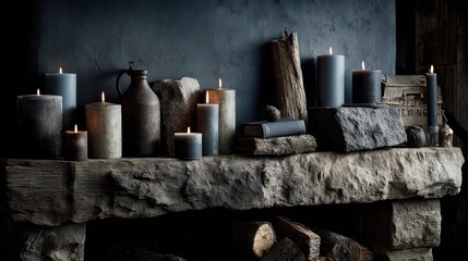 Flickering candles warm the rugged stone fireplace ledge
