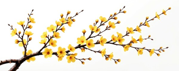 Yellow Blossom Branch on White Background for Spring and Nature Themes