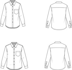 Men’s long-sleeve buttoned shirt sketch front and back view, chest pocket detail, collar design, cuffed sleeves, structured seams, fashion garment illustration