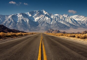 Naklejka premium Scenic Highway Leading to Majestic Mountains A Road Trip Adventure through Nature's Grandeur