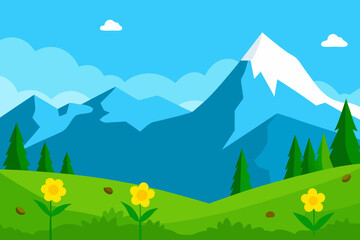 Obraz premium A Majestic Mountain Landscape Vector Illustration With A Lake And A Clear Blue Sky