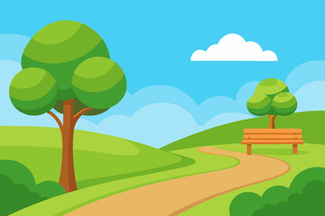 Fototapeta premium A Breathtaking Cartoon Park Scene On A Sunny Day With A Curvy Path And Green Trees