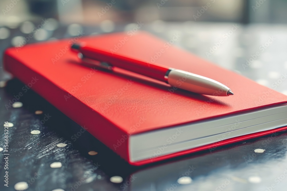 Poster vibrant image of a red notebook with a white card and a red pen on it