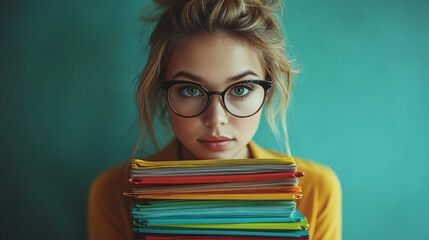 young woman with glasses holding a colorful stack of files or notebooks in front of teal background