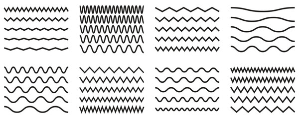 Waves line set. Wave ornament pattern. Set of wavy zigzag lines. Wave thin line background. Vector zigzag and wavy horizontal underline - Stock vector