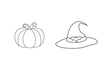 Pumpkin and witch hat outline halloween drawing