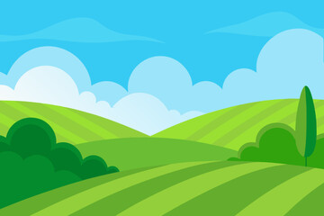 A Beautiful And Sweeping Vector Illustration Of Rolling Green Hills Under A Clear Sky
