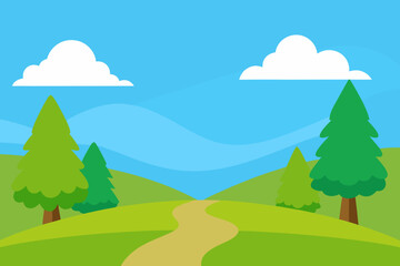Obraz premium A Beautiful And Clean Cartoon Landscape With A Bright Green Field And A Path To Hills