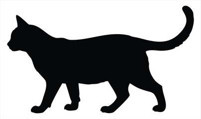 A sleek black cat silhouette is captured in profile, walking gracefully with its tail held high, isolated on a clean white background. 